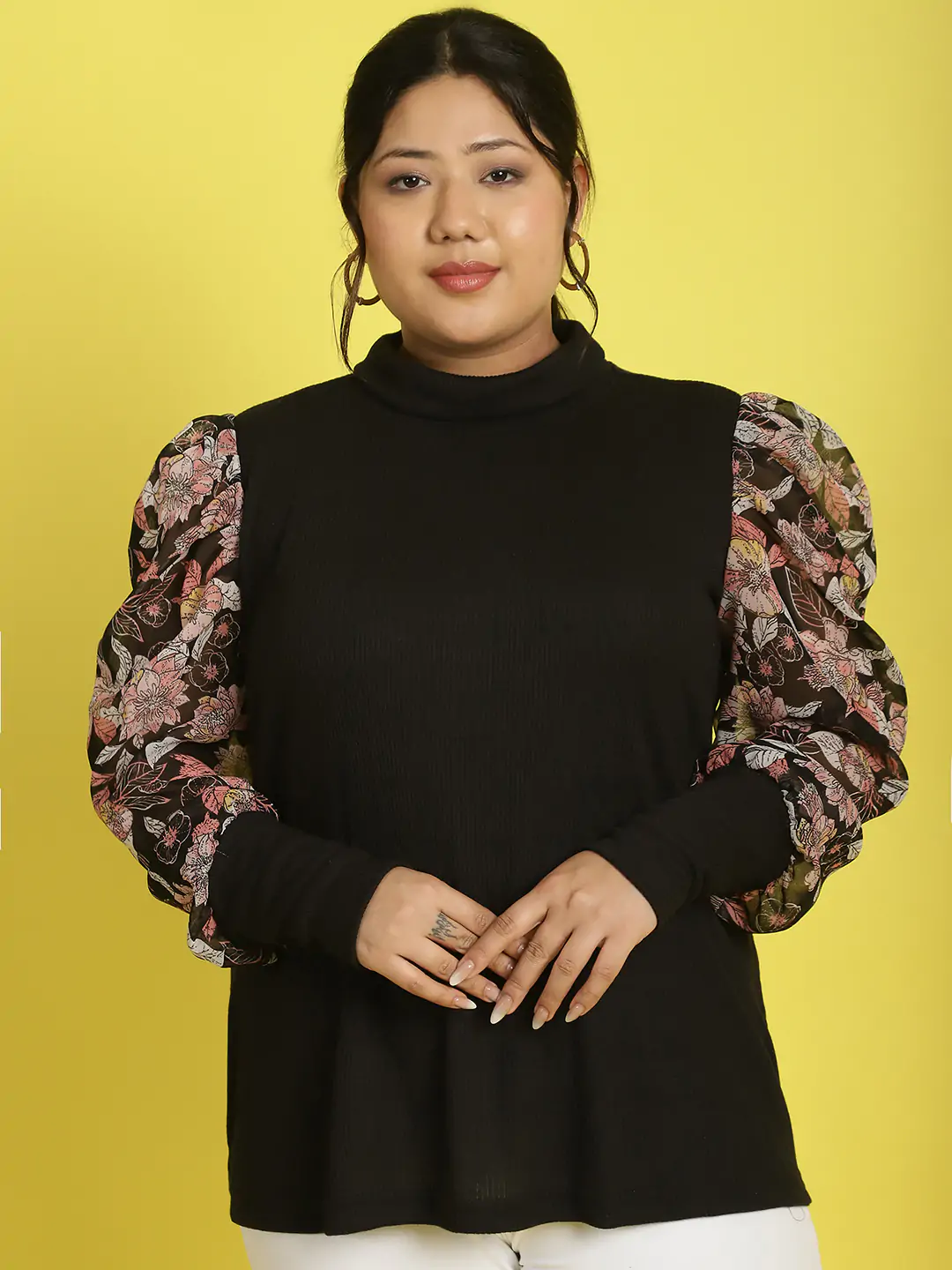 Women's Plus Size Black Pink and White floral Printed Longline Top