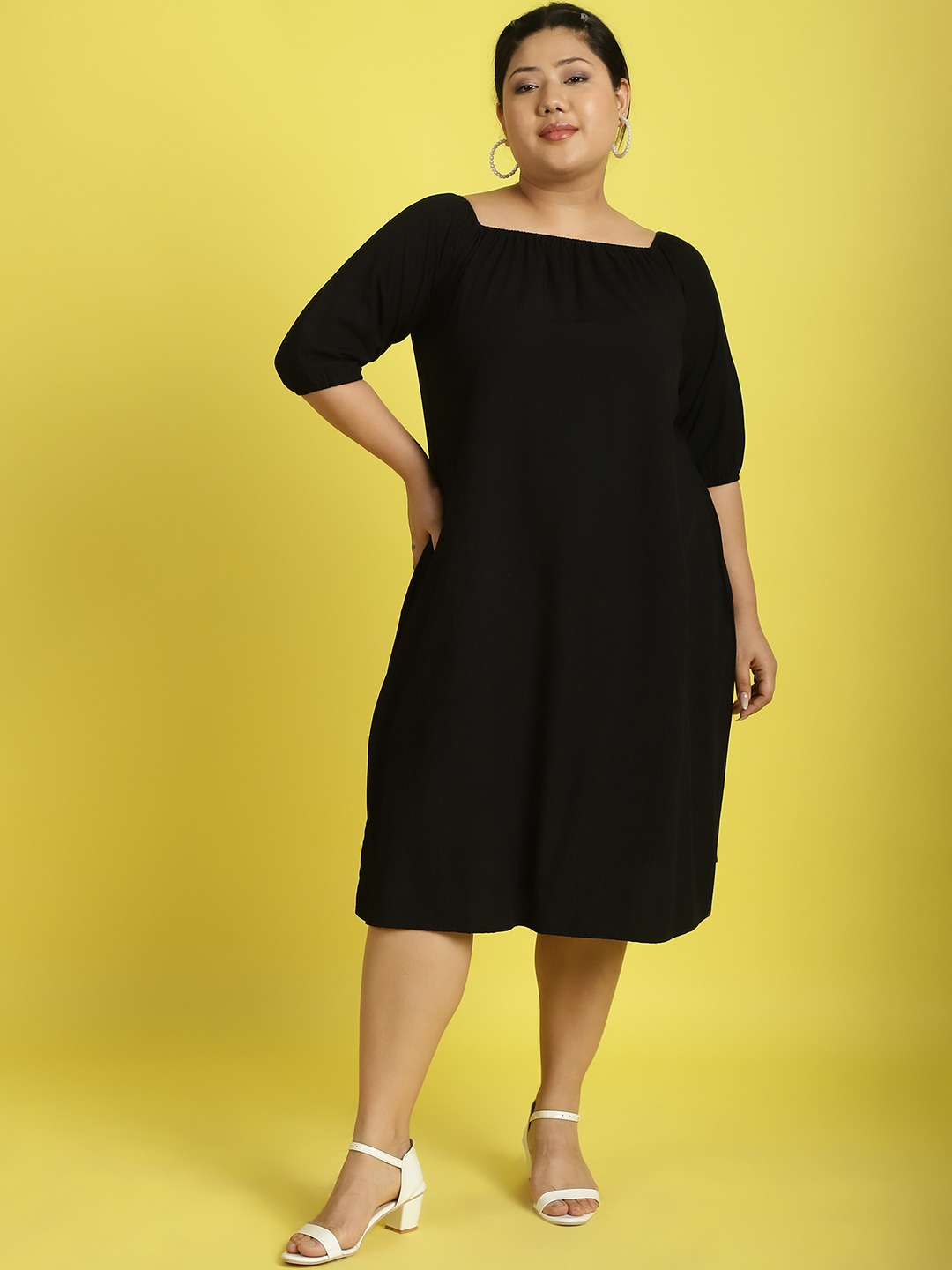 Women's Plus Size Black Solid Color gather A-Line Dress