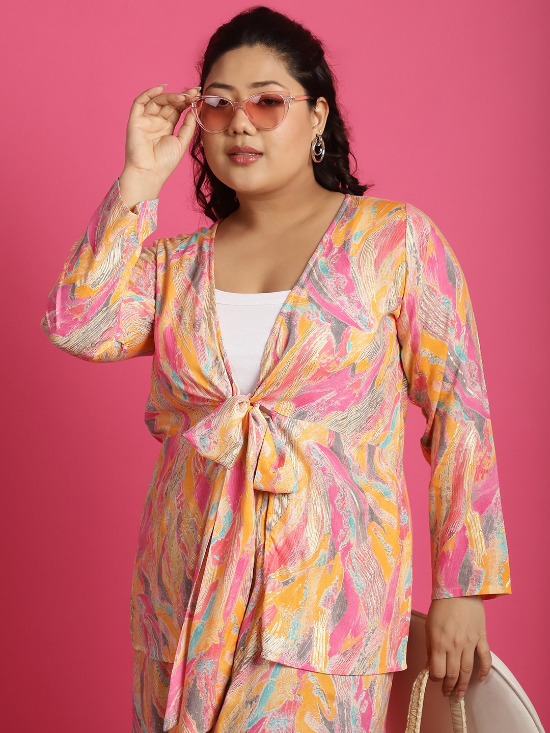 Women's Plus Size Pink Gold Foil printed tie-up shrug