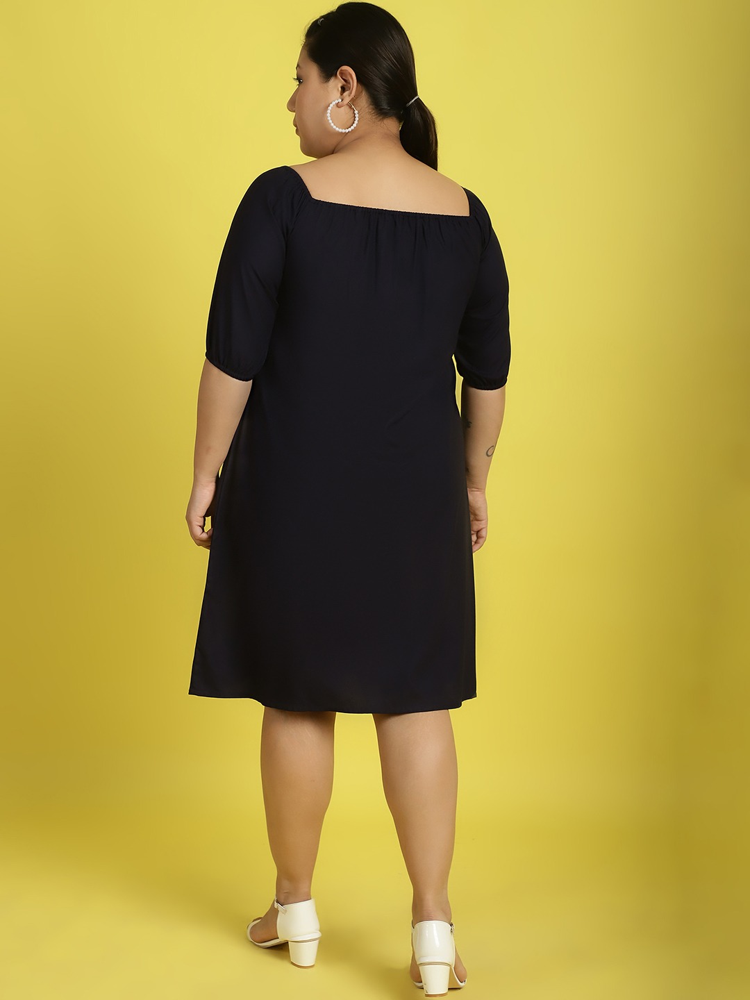 Women's Plus Size Navy Blue Solid Color gather A-Line Dress