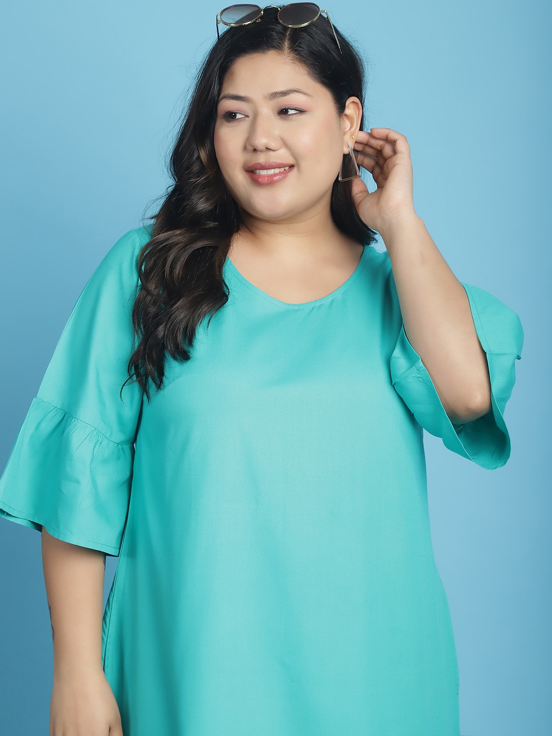 Women's Plus Size Teal Solid Color A-Line Midi Dress