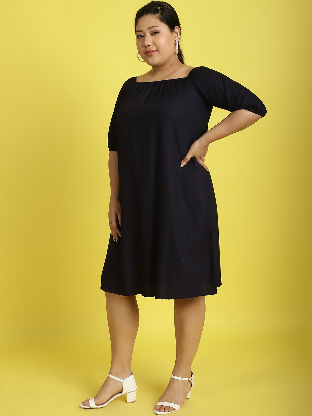 Women's Plus Size Navy Blue Solid Color gather A-Line Dress