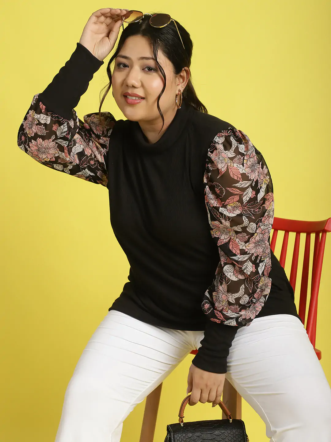 Women's Plus Size Black Pink and White floral Printed Longline Top