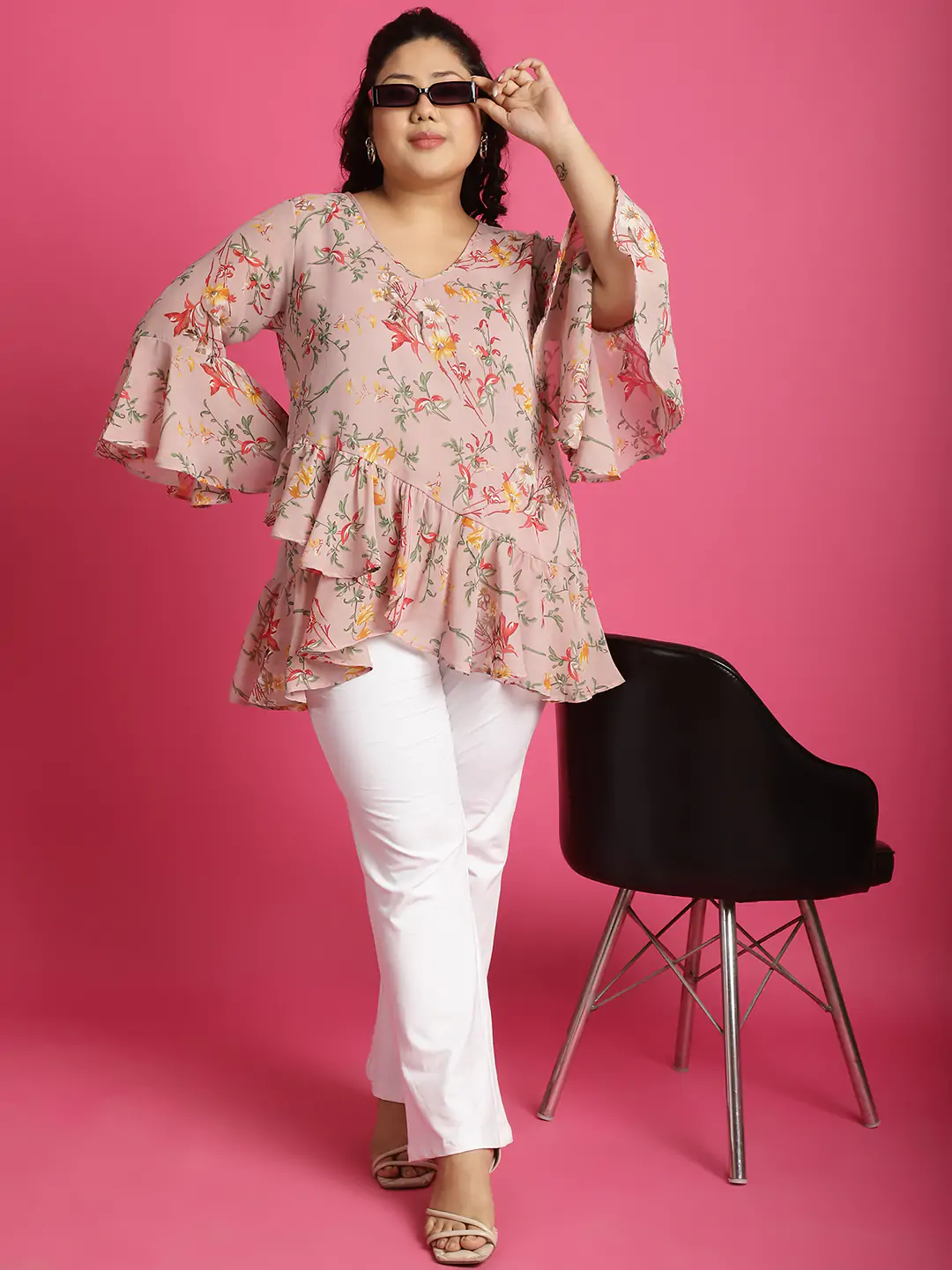 Women's Plus SizePink Red & Green Floral Printed Georgette Longline Wrap Top