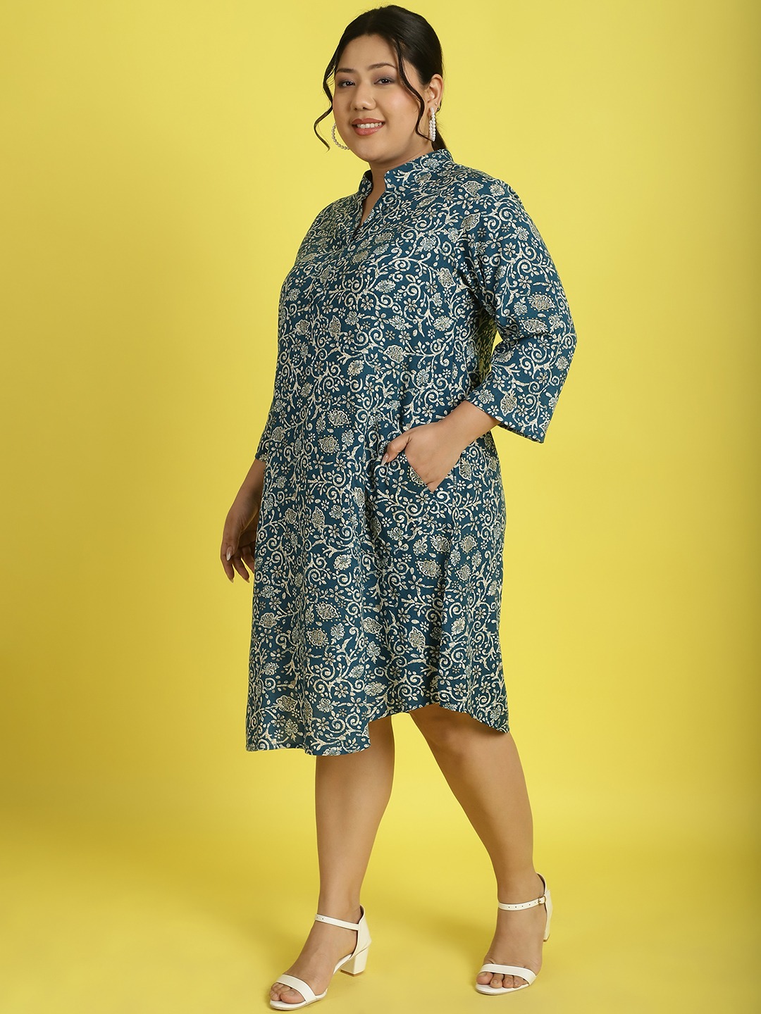 theRebelinme Plus Size Women's Teal floral batik printed Shirt Midi dress