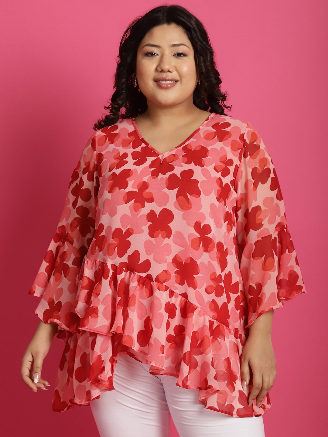 Women's Plus SizePink Orange & Red Floral Printed Georgette Longline Wrap Top