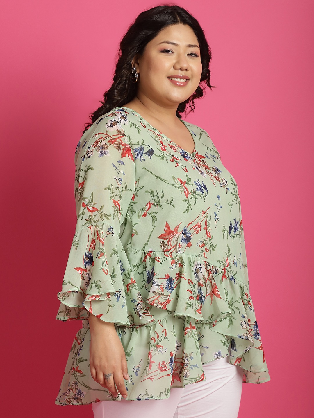 Women's Plus SizeGreen Sea Green and Red Floral Printed Georgette Longline Wrap Top