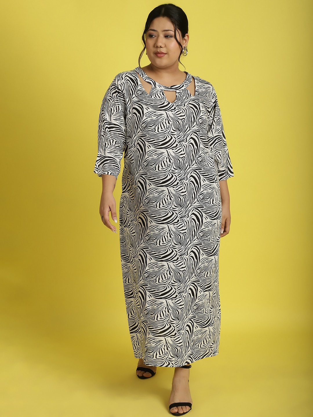 Women's Plus Size Black & White Zebra printed A-Line Midi dress