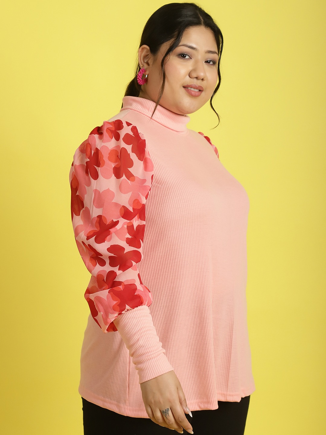 Women's Plus Size Pink Red and Orange floral Printed Longline Top