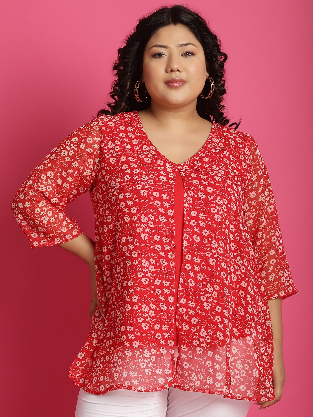 Women's Plus Size Red & White Floral Printed Georgette Layered Longline Top with attached cotton Top