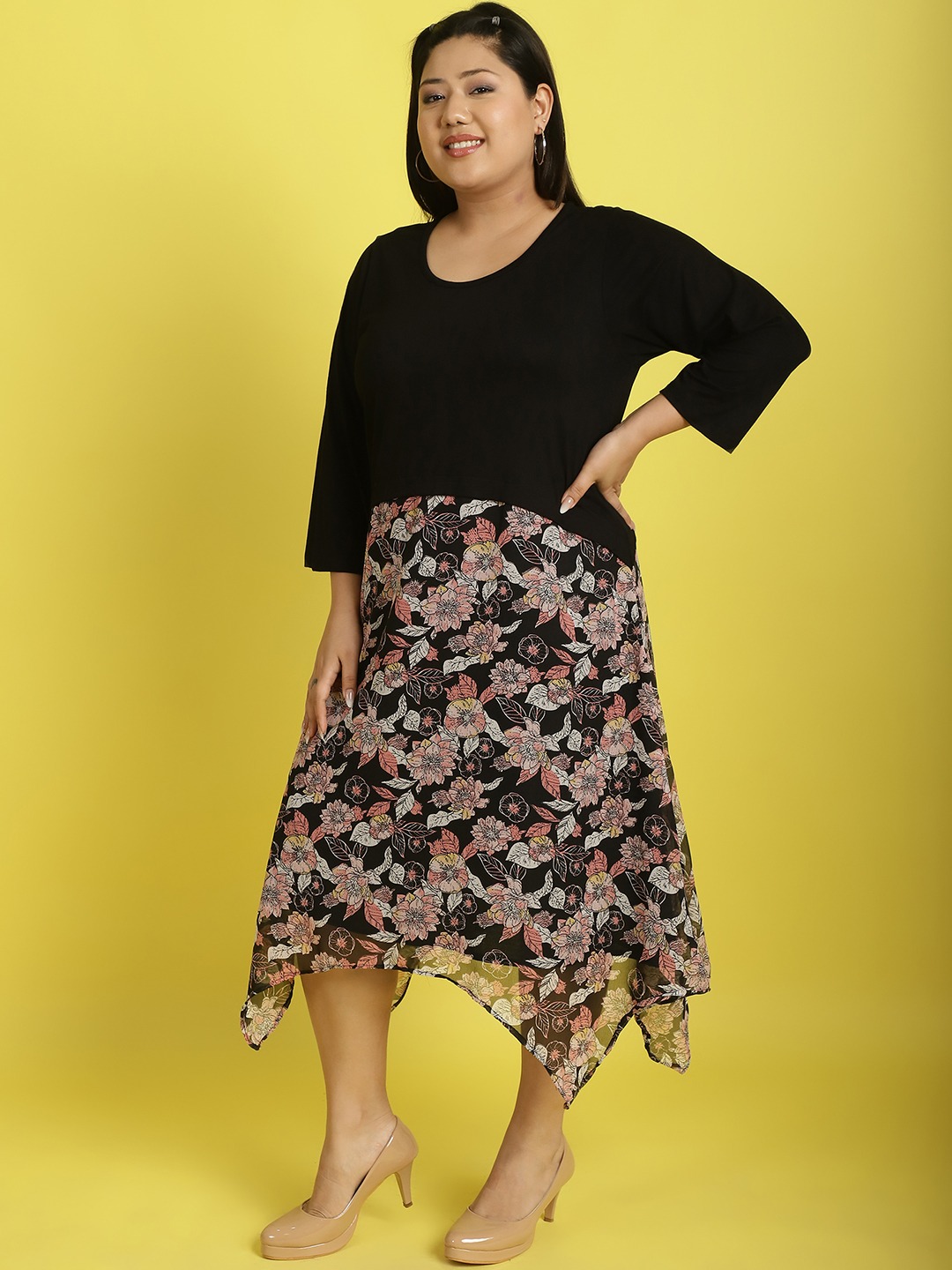 Women's Plus Size Black Pink & White Floral Printed Layered A-Line Midi Dress
