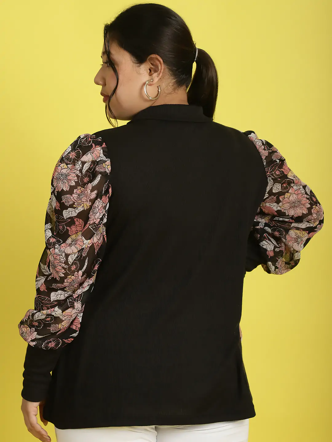 Women's Plus Size Black Pink and White floral Printed Longline Top
