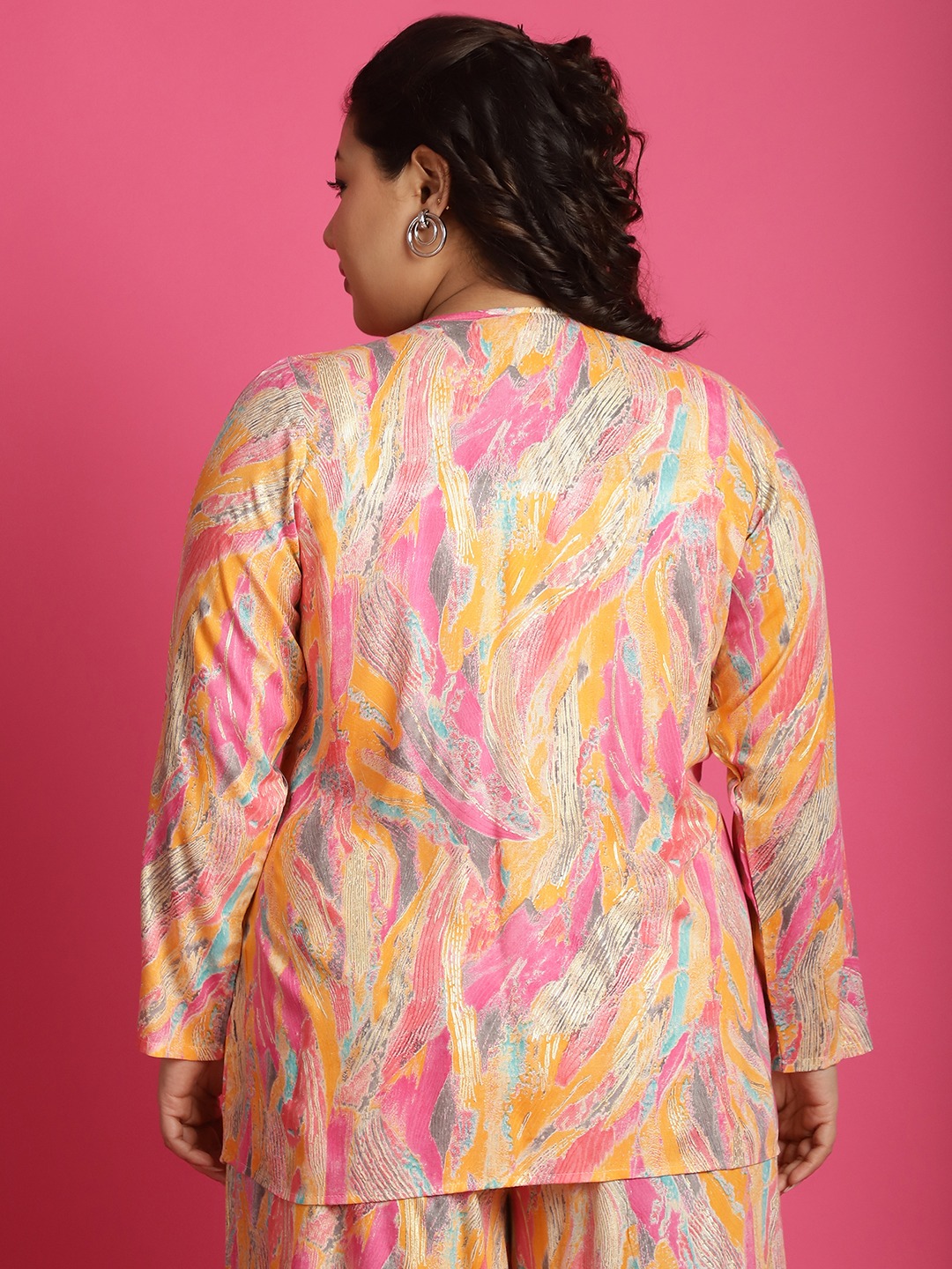 Women's Plus Size Pink Gold Foil printed tie-up shrug