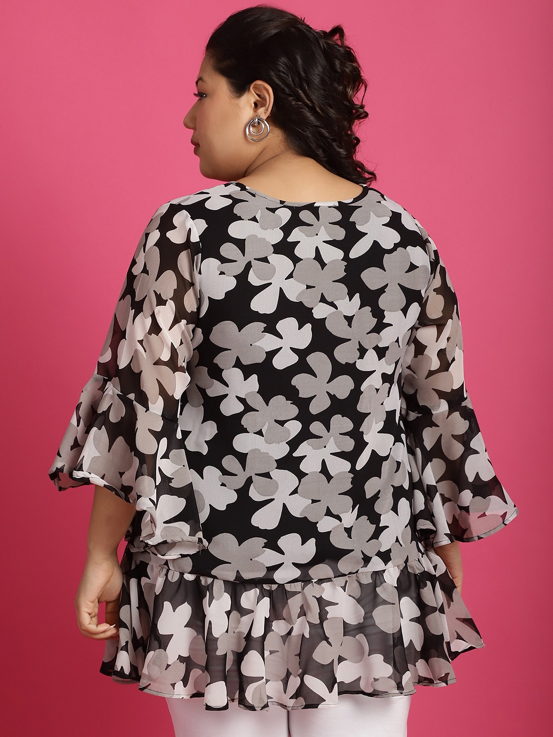 Women's Plus SizeBlack White and Grey Floral Printed Georgette Longline Wrap Top