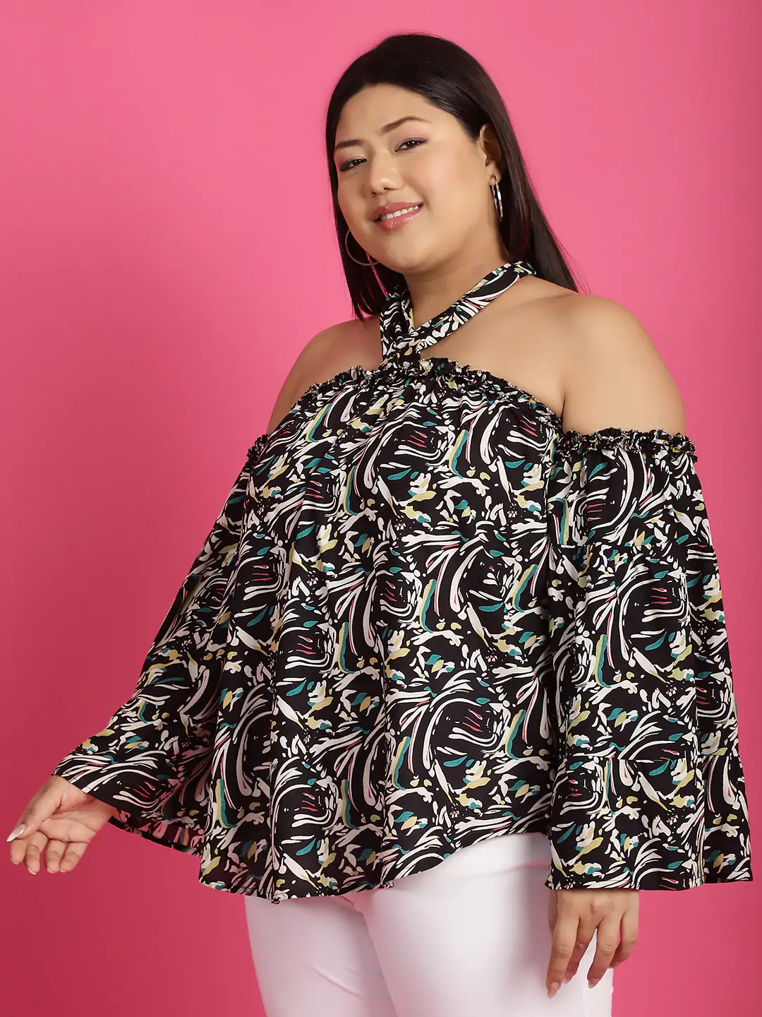 Women's Plus Size Black abstract printed halter Neck Top