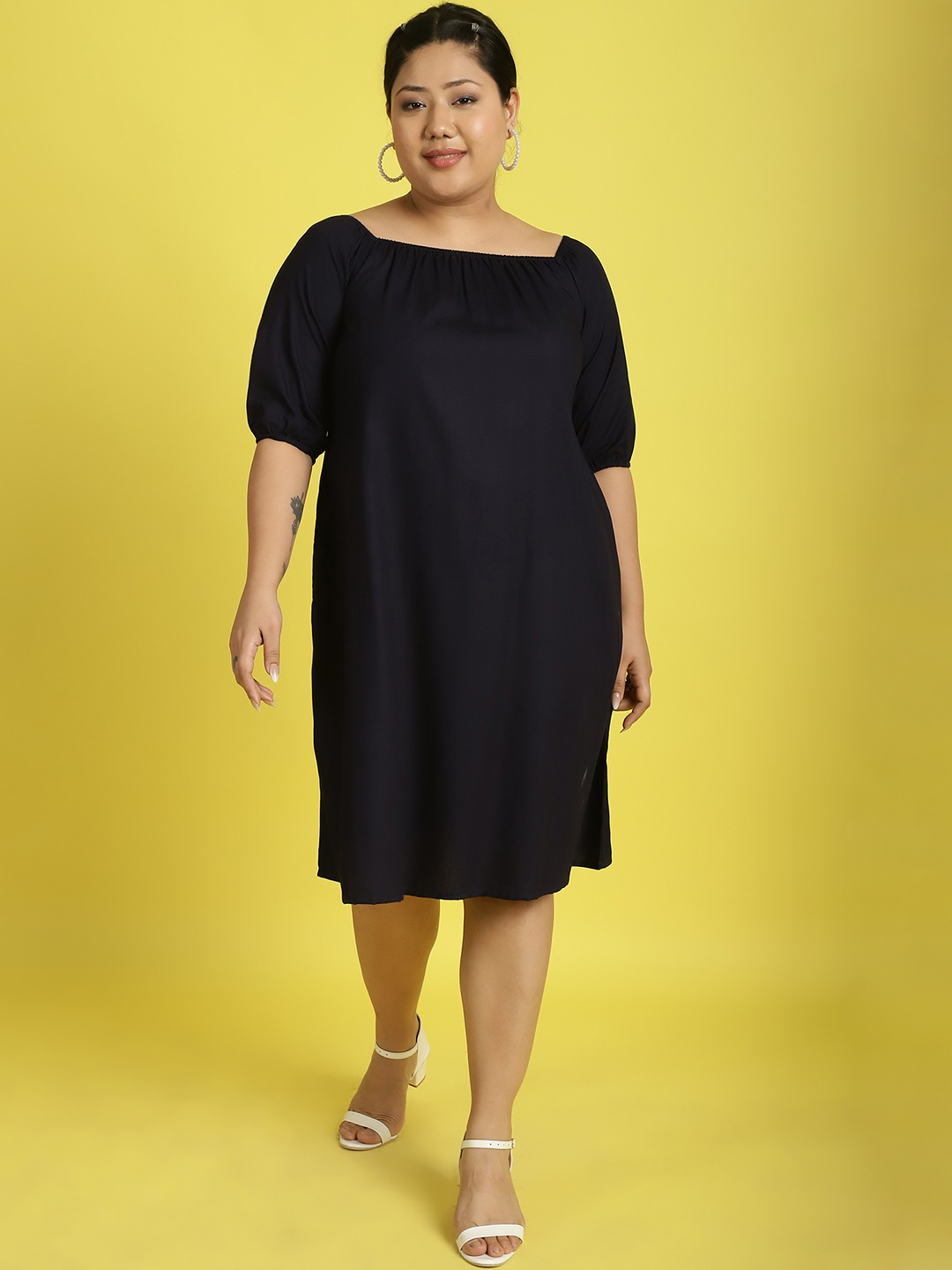 Women's Plus Size Navy Blue Solid Color gather A-Line Dress