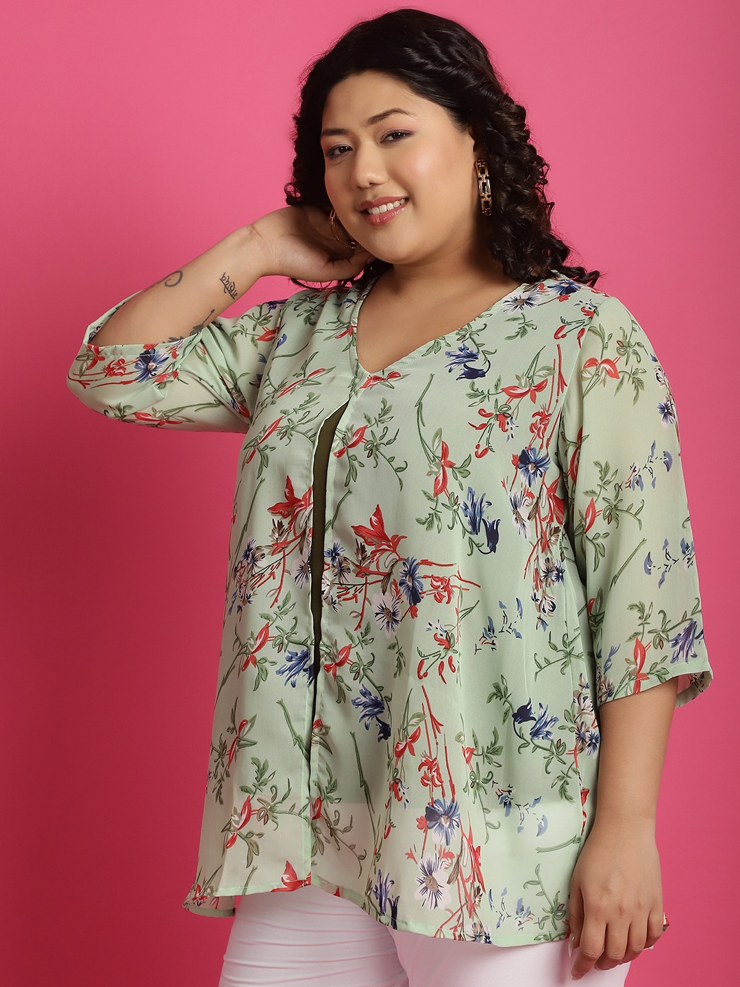 Women's Plus Size Green Sea Green & Red Floral Printed Georgette Layered Longline Top with attached cotton Top