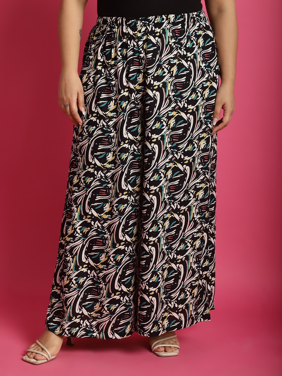 Women's Plus Size Black abstract printed casual Palazzo