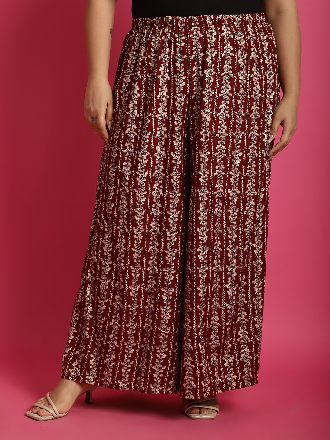 Women's Plus Size Maroon Beige & Gold floral printed casual Palazzo