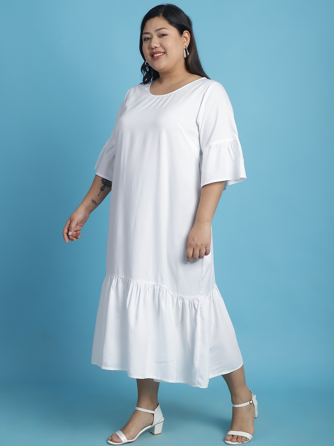 Women's Plus Size White Solid Color A-Line Midi Dress
