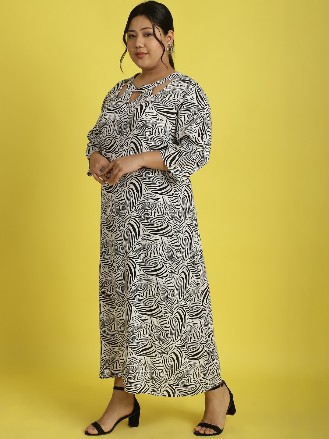 Women's Plus Size Black & White Zebra printed A-Line Midi dress