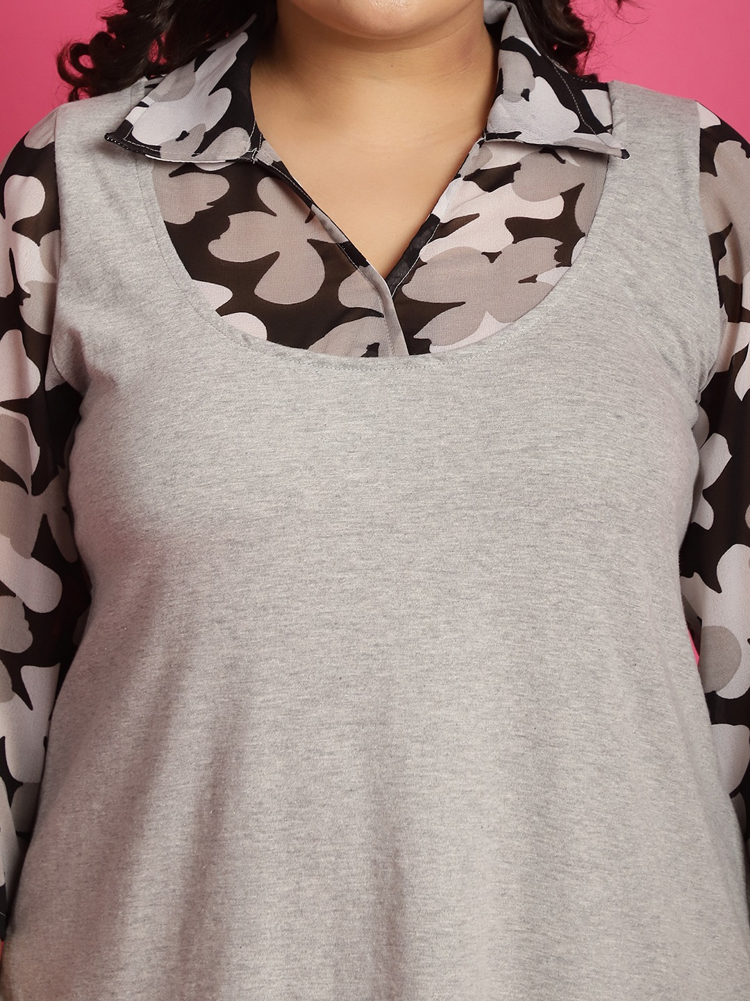 Women's Plus Size Black White and Grey floral printed Top
