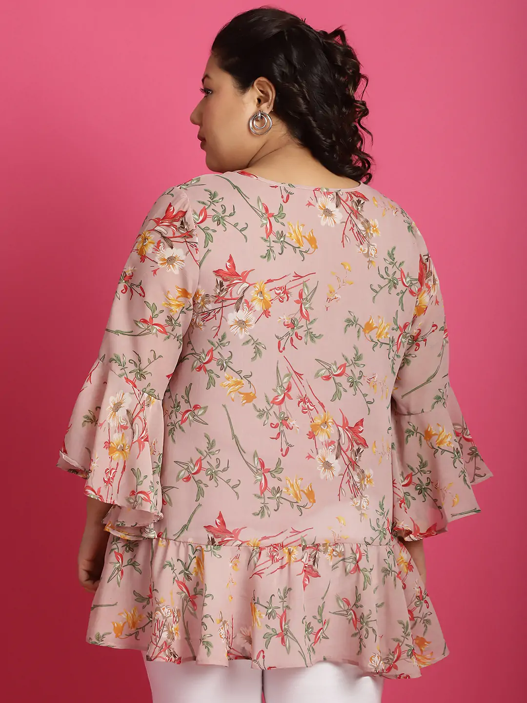 Women's Plus SizePink Red & Green Floral Printed Georgette Longline Wrap Top