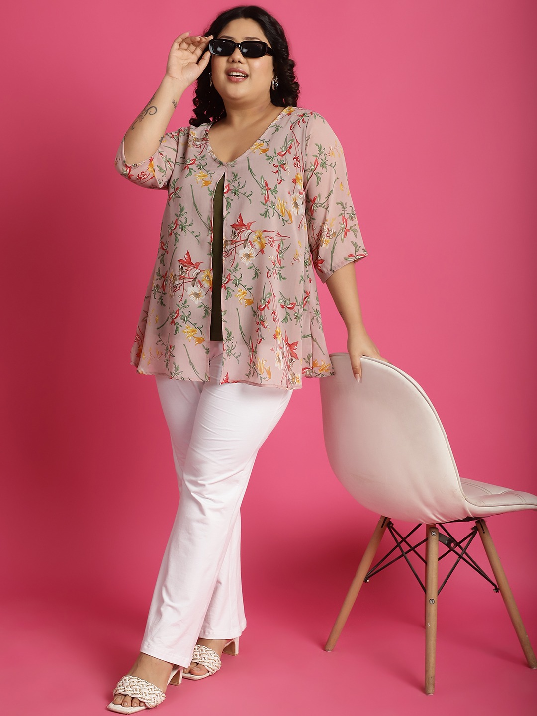 Women's Plus Size Pink & Olive Floral Printed Georgette Layered Longline Top with attached cotton Top