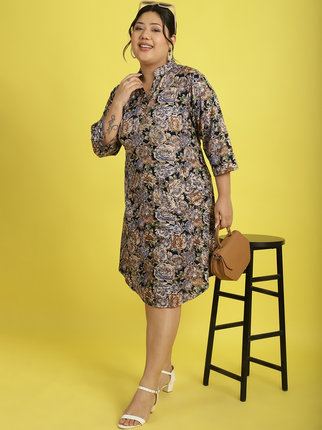 theRebelinme Plus Size Women's Navy Rose floral printed Shirt Midi dress