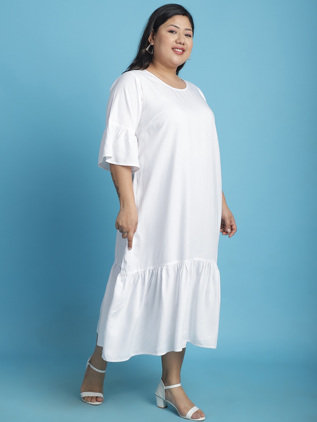 Women's Plus Size White Solid Color A-Line Midi Dress