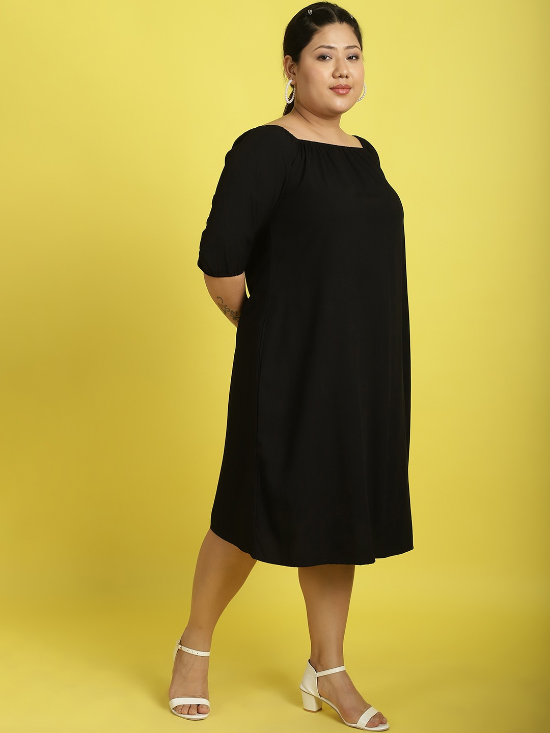 Women's Plus Size Black Solid Color gather A-Line Dress