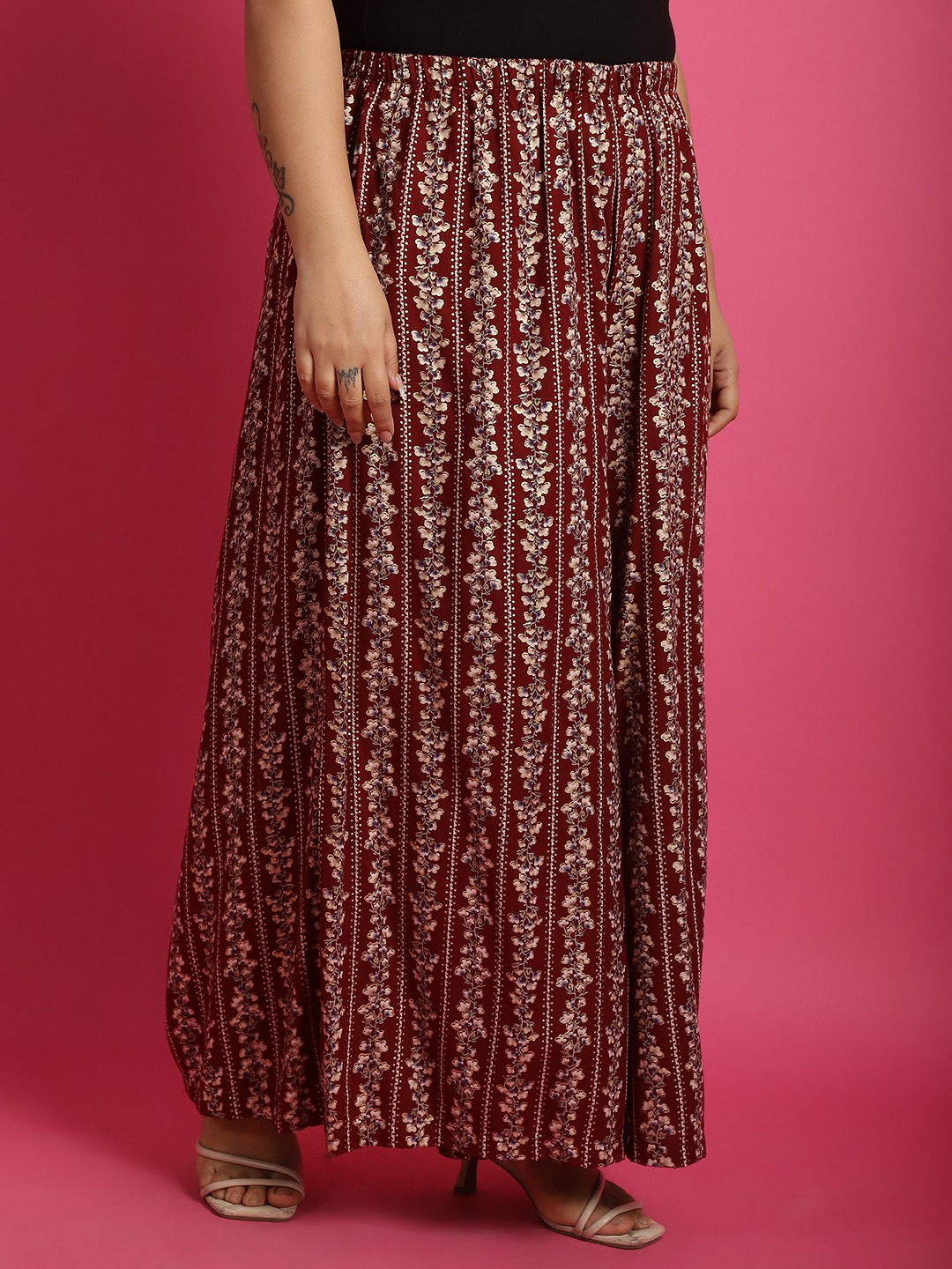 Women's Plus Size Maroon Beige & Gold floral printed casual Palazzo
