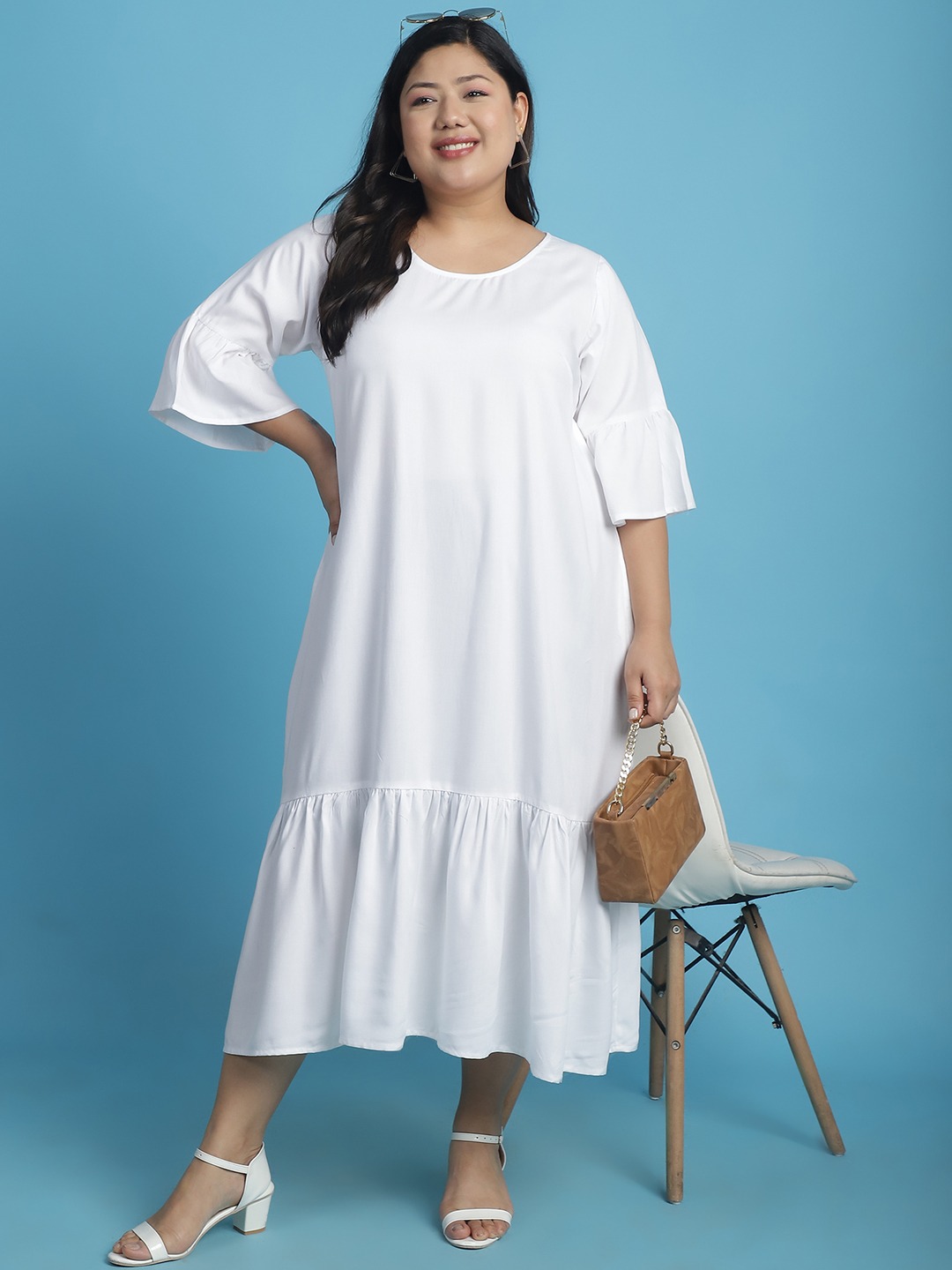 Women's Plus Size White Solid Color A-Line Midi Dress