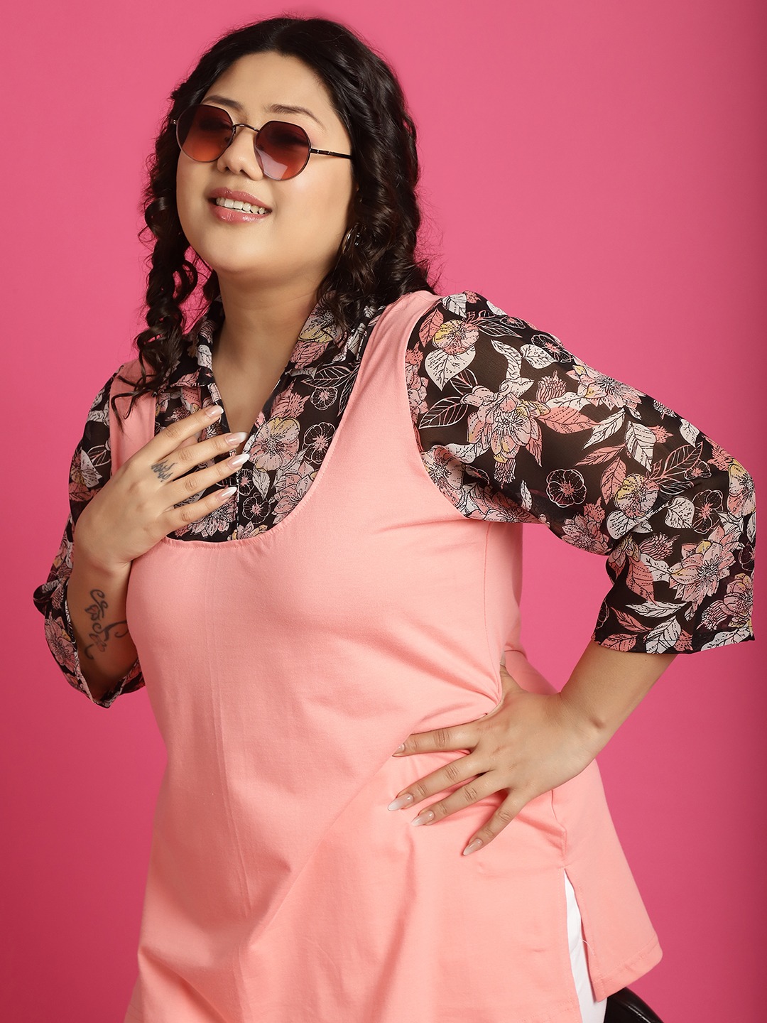 Women's Plus Size Black White and Pink floral printed Top