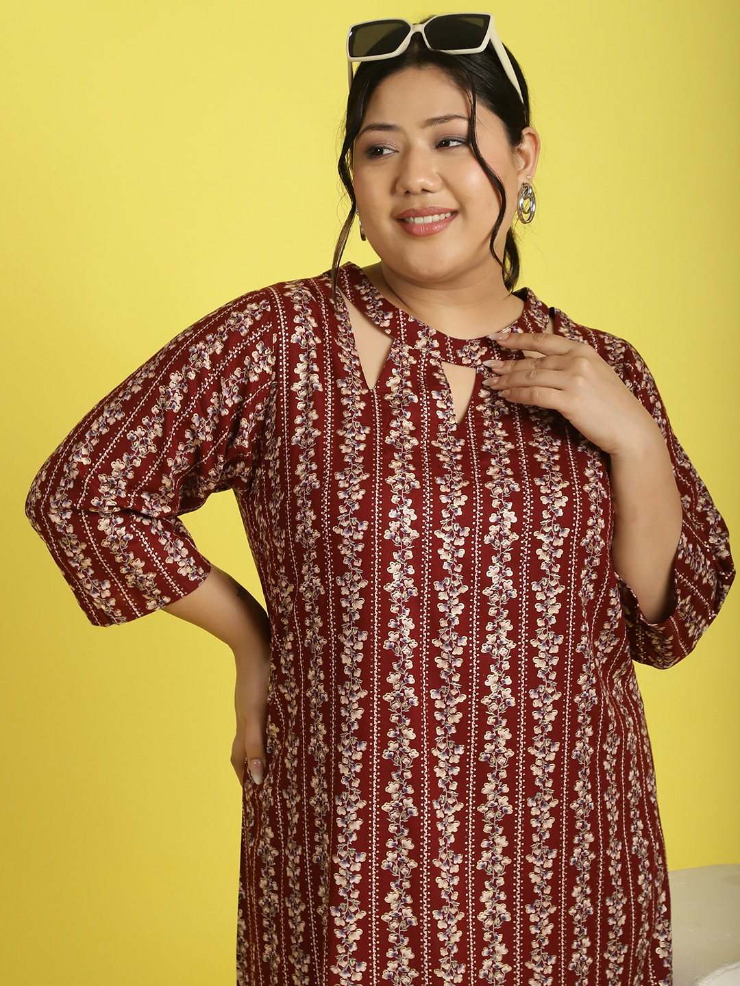 Women's Plus Size Maroon Gold floral printed A-Line Midi dress