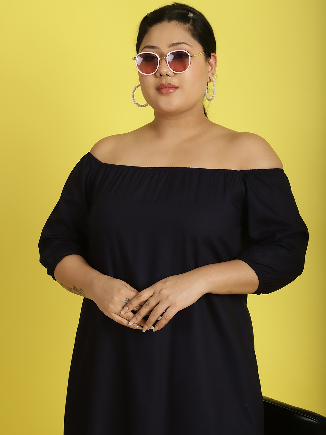 Women's Plus Size Navy Blue Solid Color gather A-Line Dress