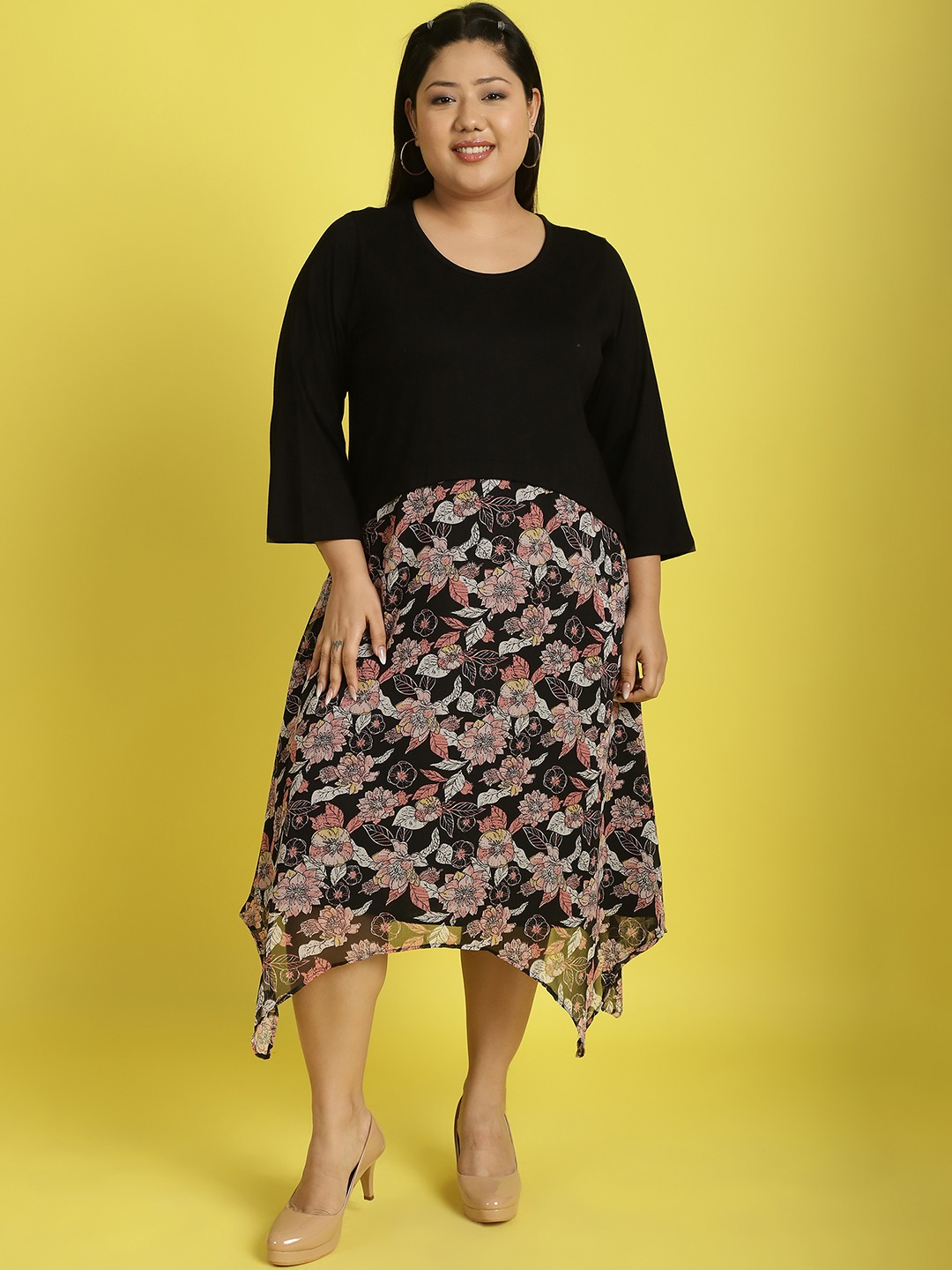 Women's Plus Size Black Pink & White Floral Printed Layered A-Line Midi Dress