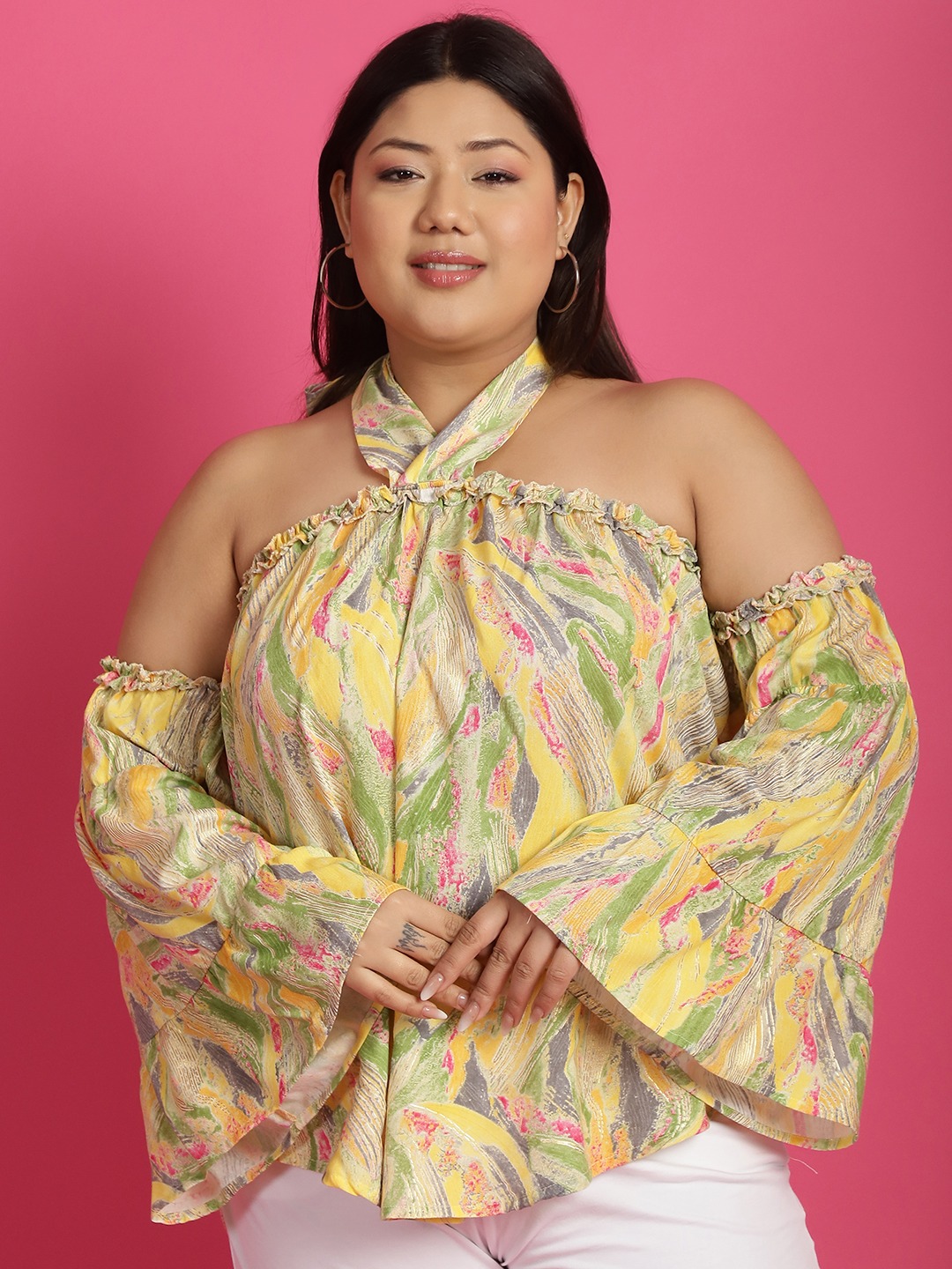 Women's Plus Size Yellow Gold Foil printed halter Neck Top