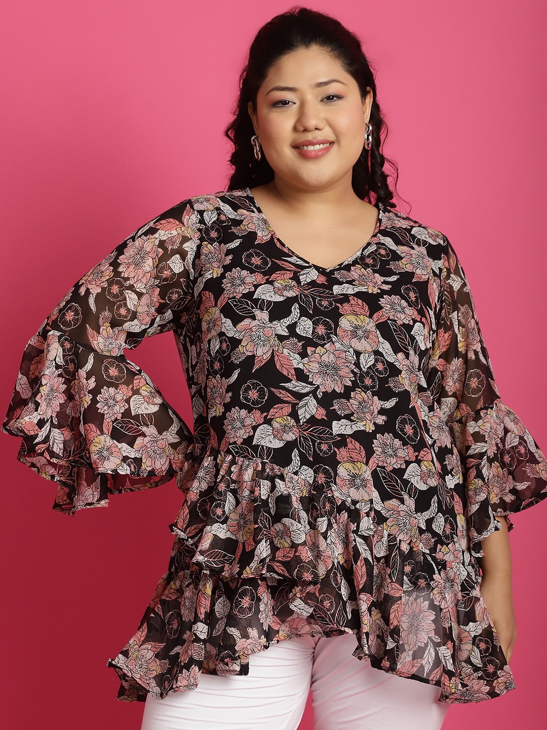 Women's Plus SizeBlack White and Pink Floral Printed Georgette Longline Wrap Top