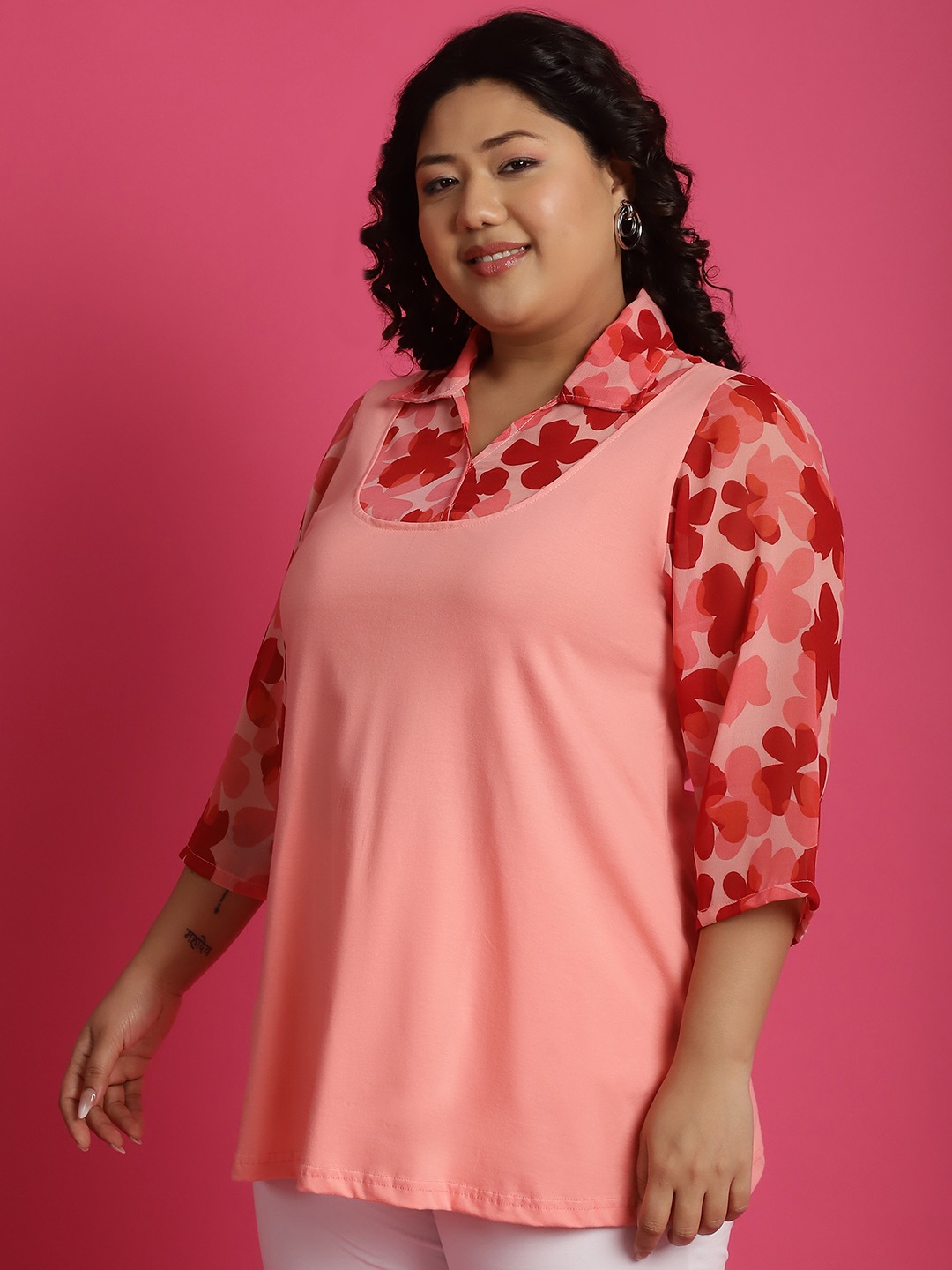 Women's Plus Size Pink Orange & Red floral printed Top