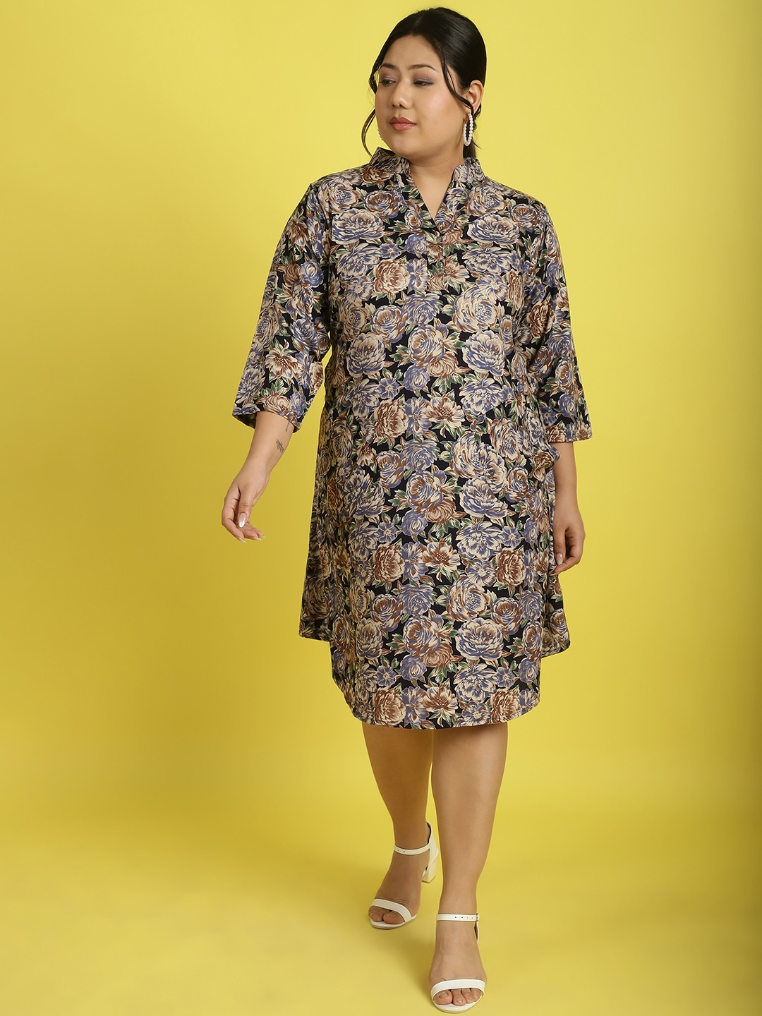 theRebelinme Plus Size Women's Navy Rose floral printed Shirt Midi dress