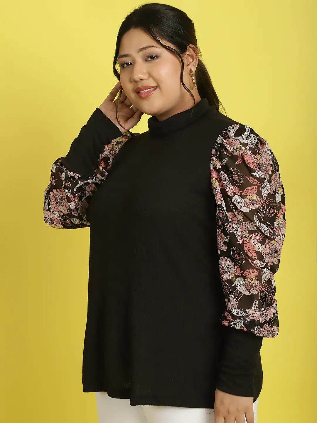 Women's Plus Size Black Pink and White floral Printed Longline Top