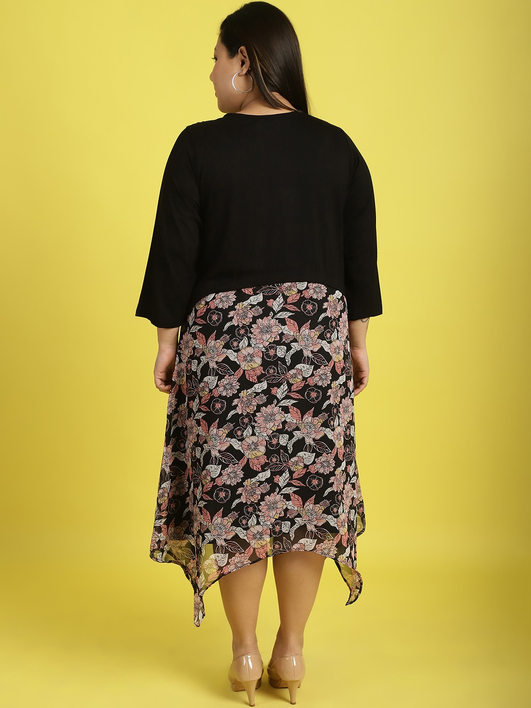 Women's Plus Size Black Pink & White Floral Printed Layered A-Line Midi Dress