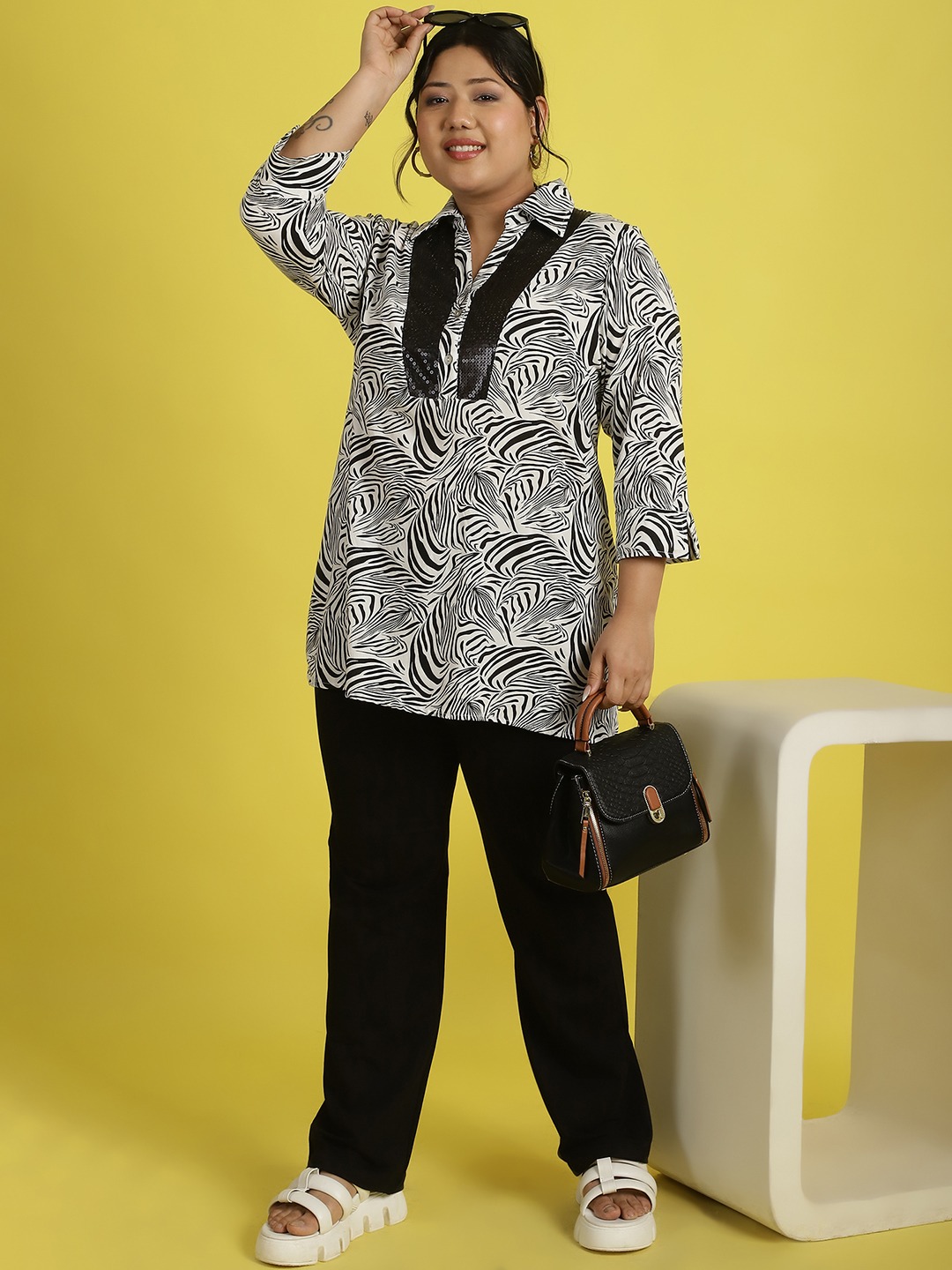 Women's Plus Size Black & White Zebra printed sequined longline top