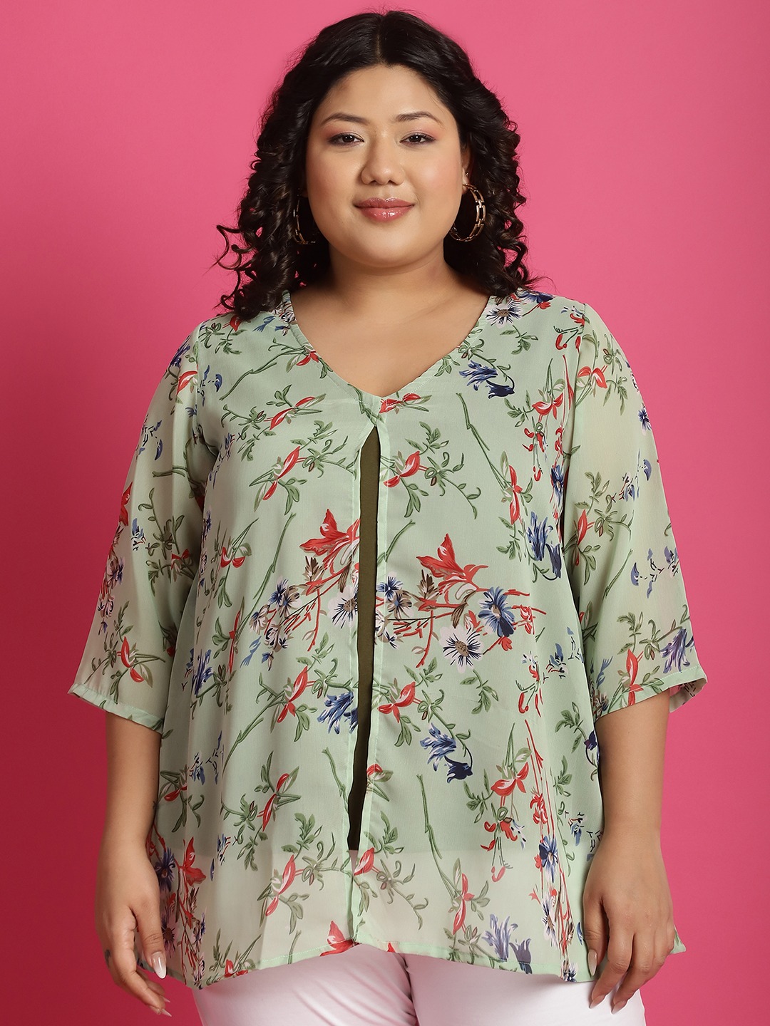 Women's Plus Size Green Sea Green & Red Floral Printed Georgette Layered Longline Top with attached cotton Top