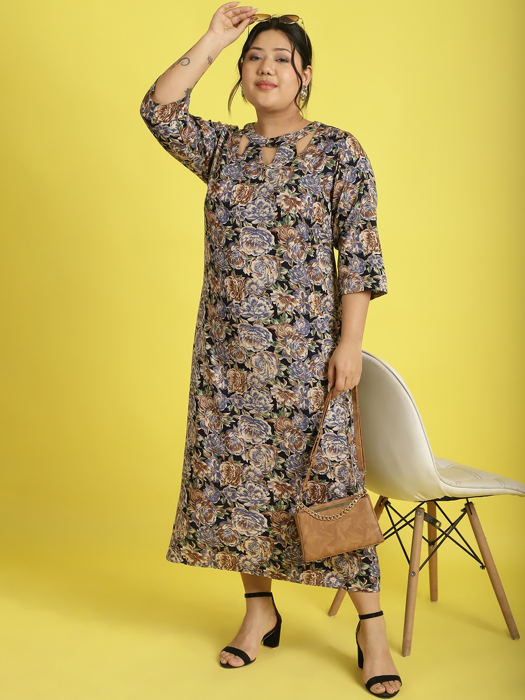 Women's Plus Size Navy Rose floral printed A-Line Midi dress