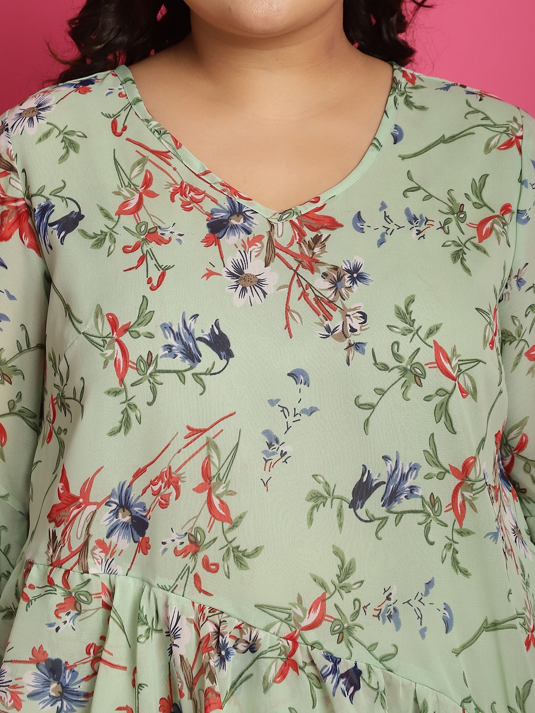 Women's Plus SizeGreen Sea Green and Red Floral Printed Georgette Longline Wrap Top