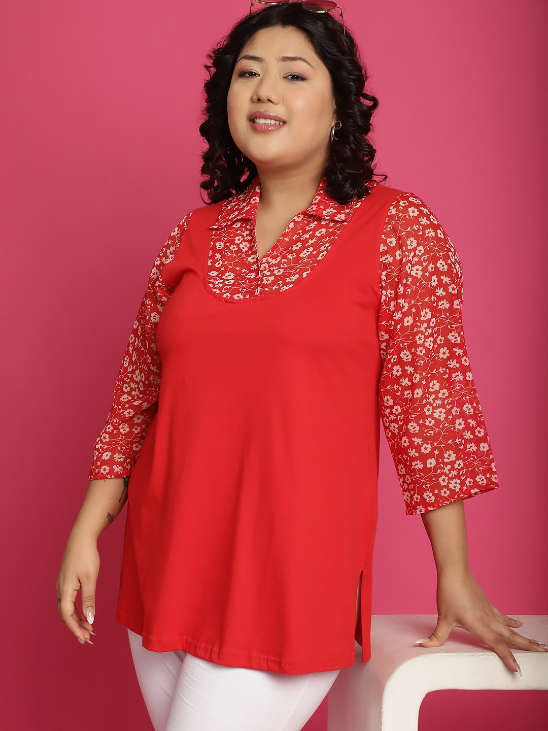 Women's Plus Size Red & White floral printed Top