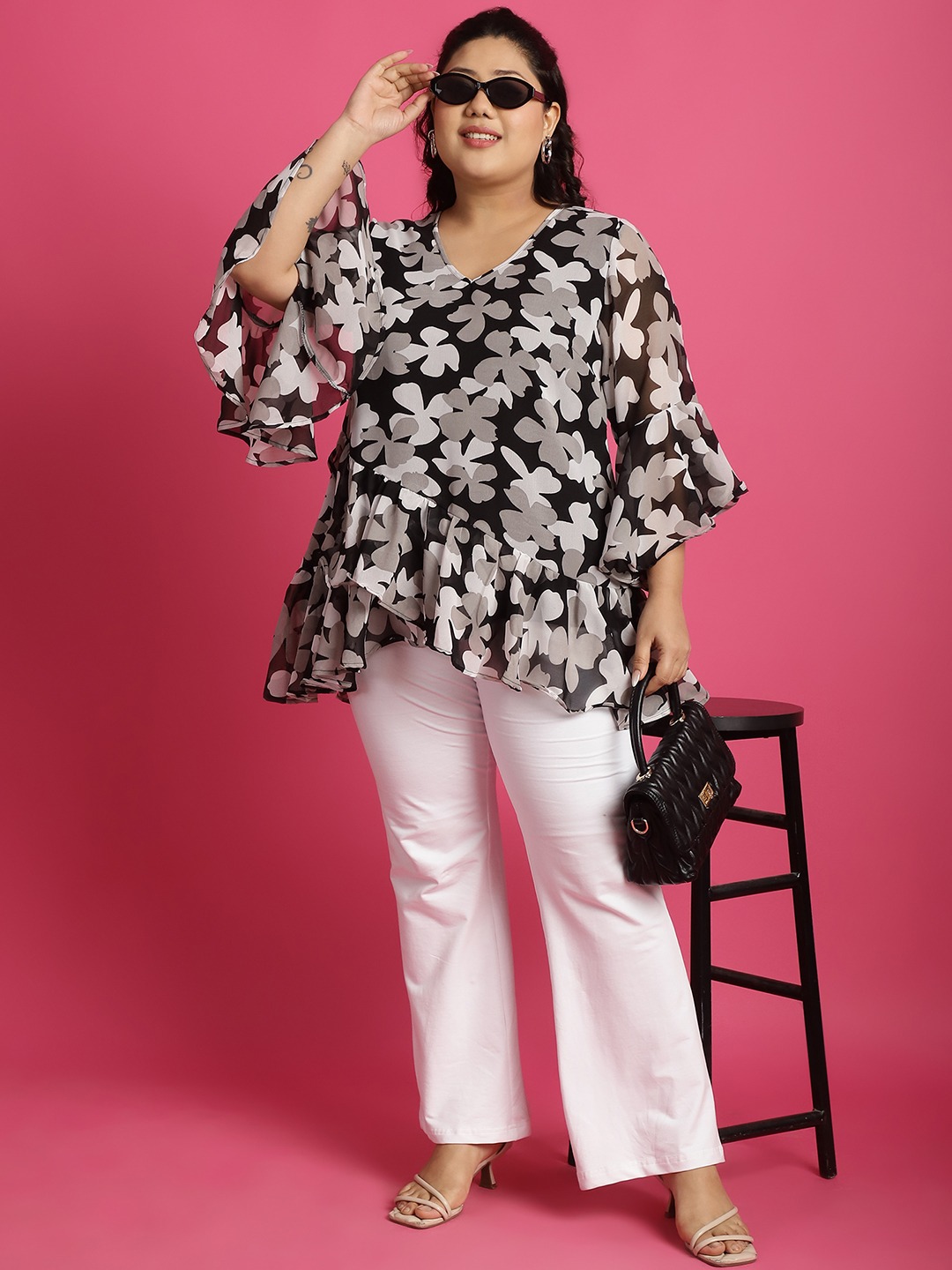 Women's Plus SizeBlack White and Grey Floral Printed Georgette Longline Wrap Top