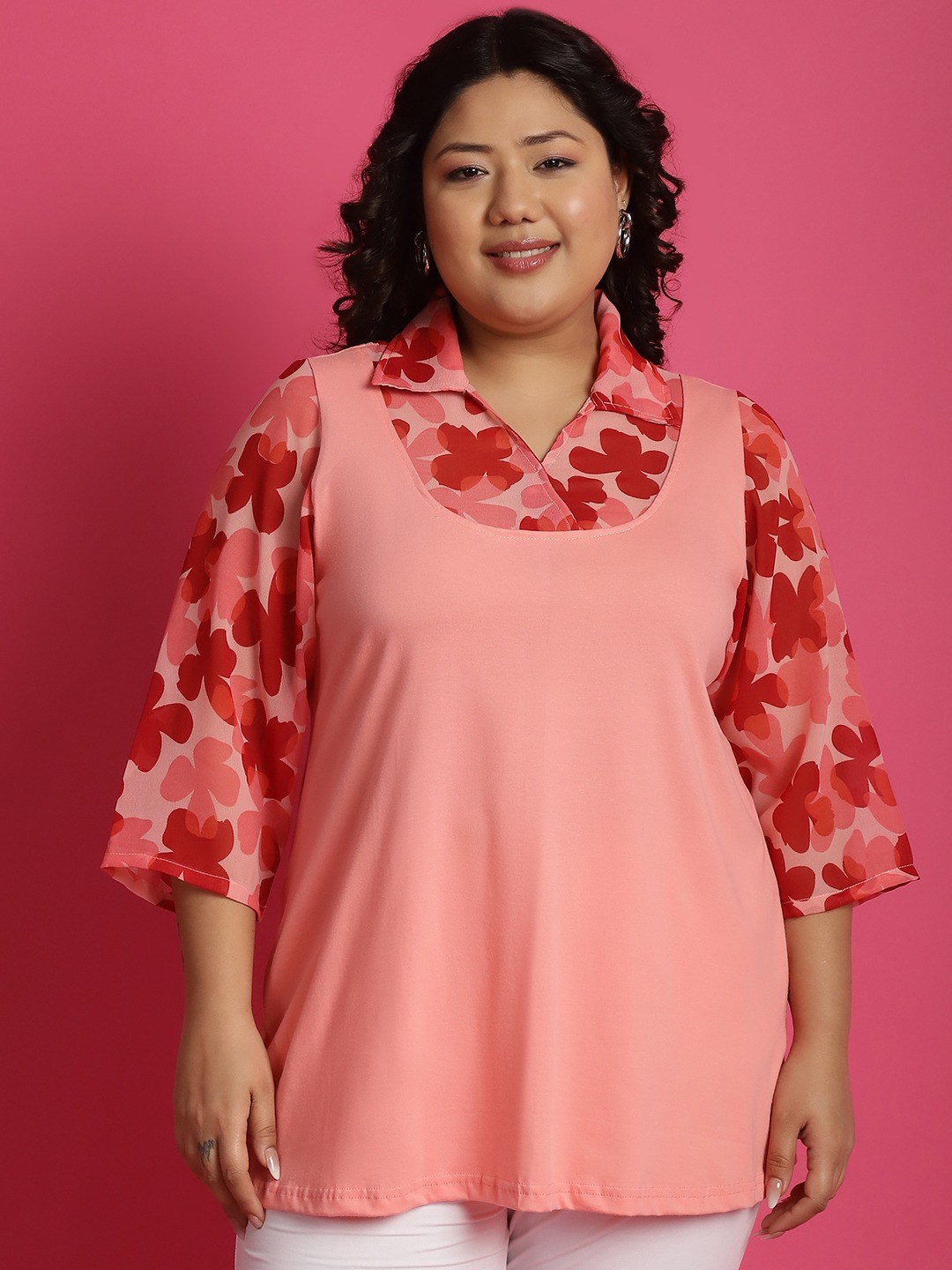 Women's Plus Size Pink Orange & Red floral printed Top